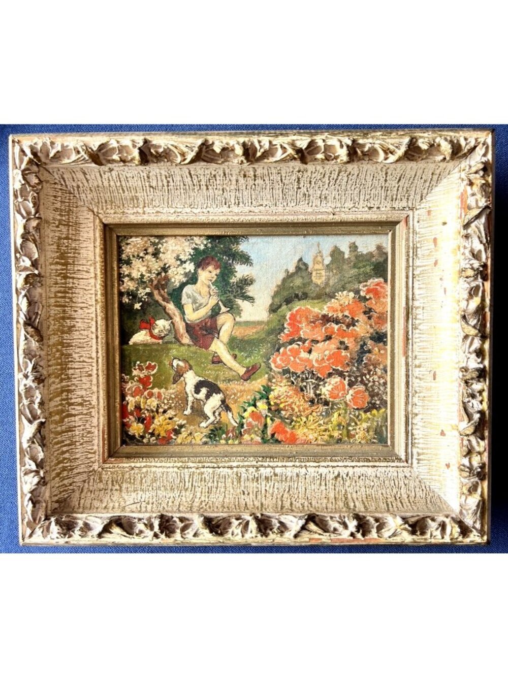 Original VICTORIAN Framed 8" x 10" OIL Painting Boy Dog Garden Deep ORNATE